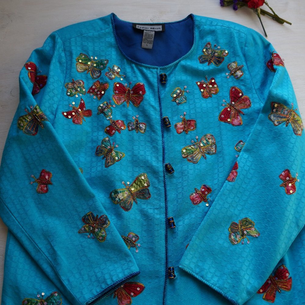 Indigo Moon Butterfly Boho Art to Wear Jacket Sz L